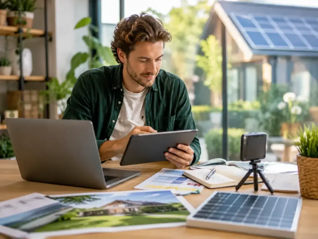 Contentmaker werkt met laptop en tablet aan informatie over zonnepanelen in een moderne thuiswerkplek