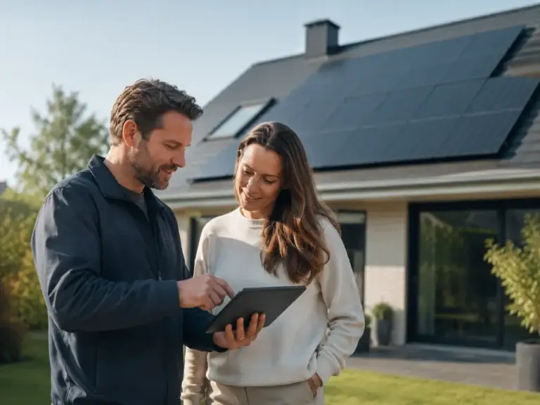 Zonnepanelenadviseur bespreekt op een tablet de mogelijkheden met een huiseigenaar bij een woning met zonnepanelen