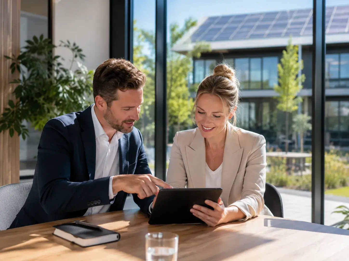 Twee professionals bekijken samen de registratie op een tablet in een modern kantoor met zonnepanelen