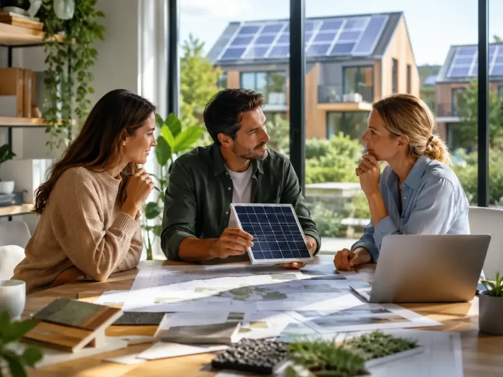 Team bespreekt onderwerpen over zonnepanelen en duurzaam wonen met plannen en een zonnepaneelmodel