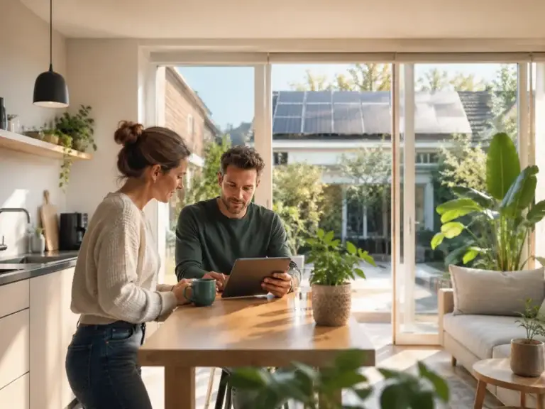 Stel bekijkt het energiegebruik op een tablet in een moderne woning met zonnepanelen zichtbaar door het raam