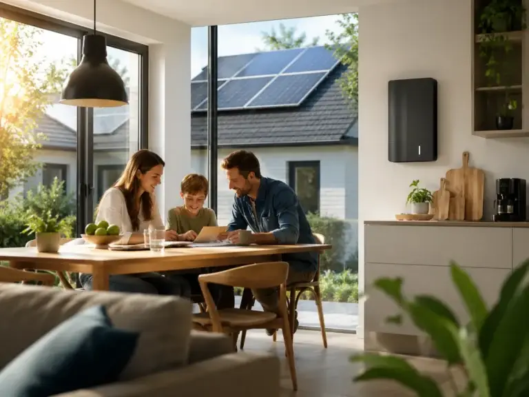 Gezin in een energiezuinige woning met zonnepanelen op het dak en een thuisbatterij aan de muur