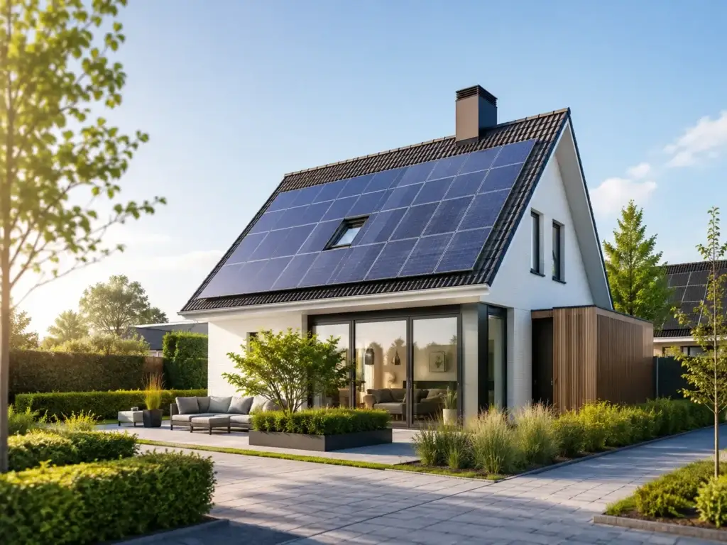 Moderne Nederlandse woning met zonnepanelen op het dak in een groene en zonnige woonomgeving