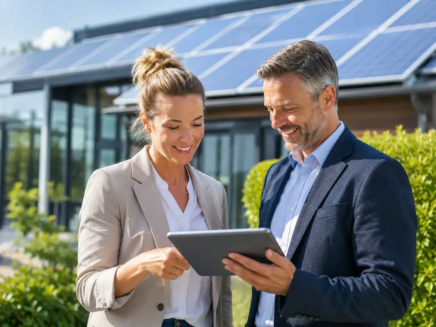Twee zakelijke partners bekijken samen informatie op een tablet bij een gebouw met zonnepanelen