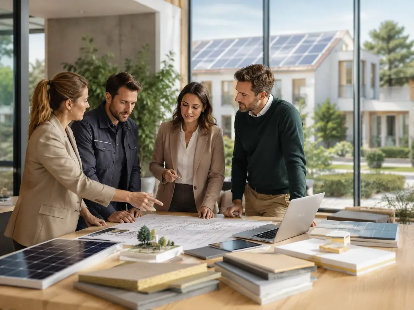 Team van professionals bespreekt een duurzaam bouwproject met zonnepanelen, plannen en materiaalvoorbeelden