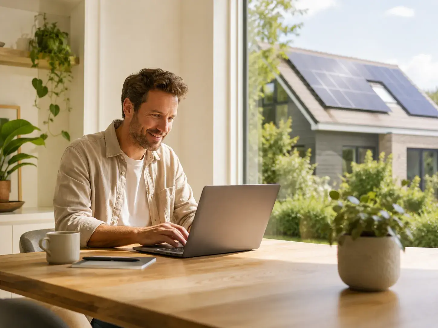 Huiseigenaar registreert zich online via een laptop in een duurzame woning met zonnepanelen