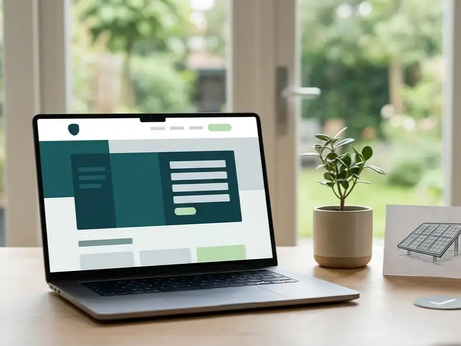 Laptop op een houten bureau met een registratie-interface, duurzaam werkbeeld en zicht op een groene tuin.