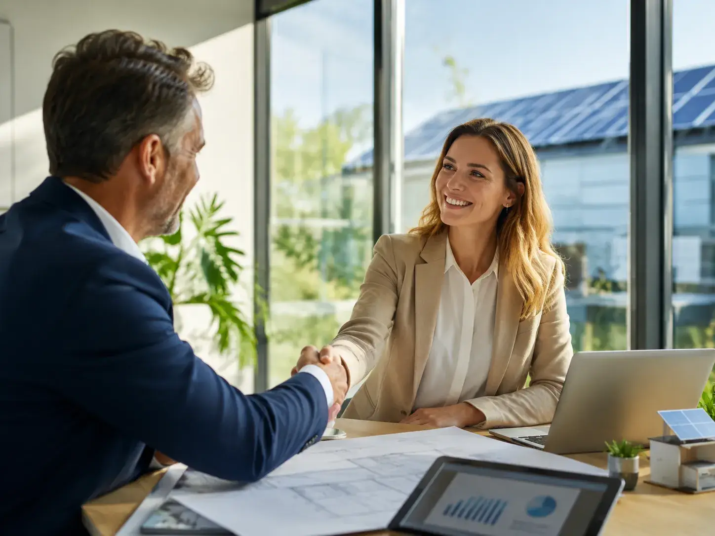 Zakelijke partners bezegelen een samenwerking rond zonnepanelen in een moderne kantooromgeving