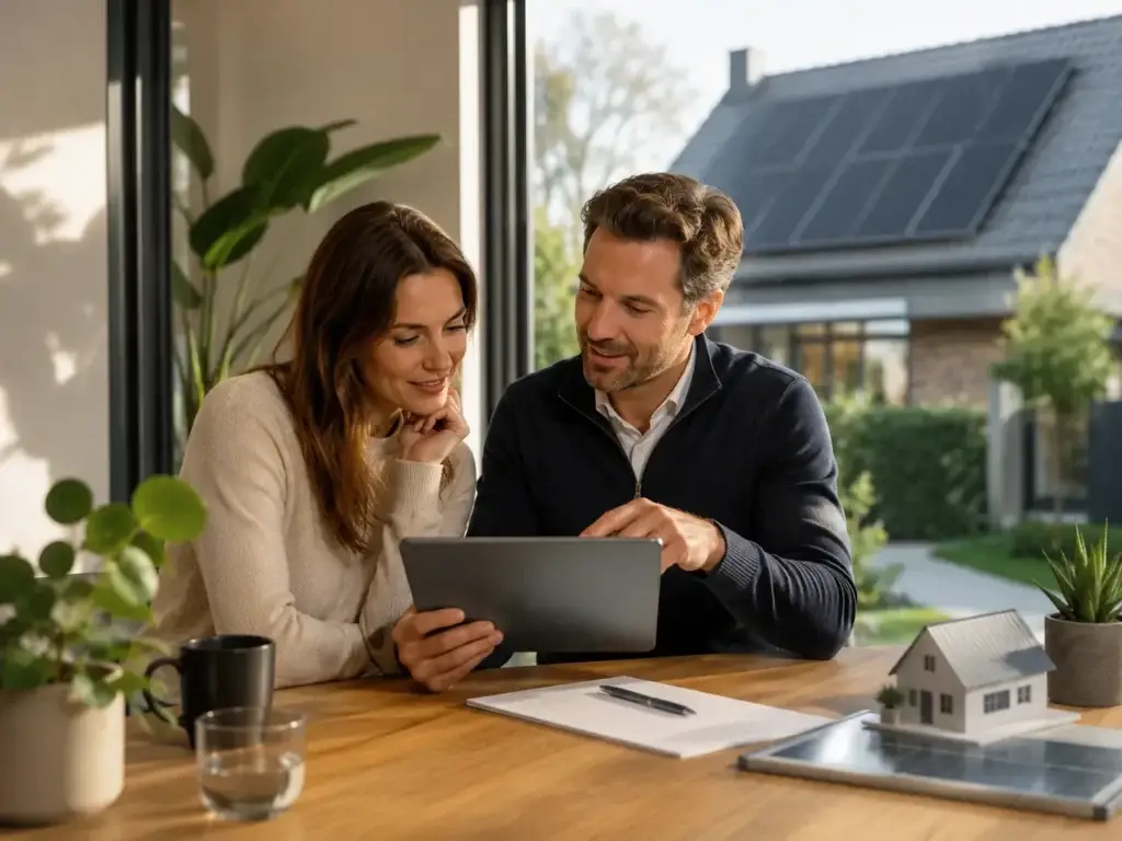 Huiseigenaar bespreekt veelgestelde vragen over zonnepanelen met een adviseur aan tafel in een duurzame woning